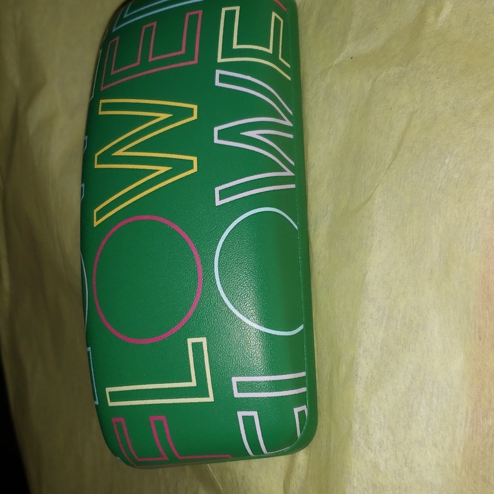 FLOWER by Drew Barrymore Green Eyeglass Case with Multicolor Lettering